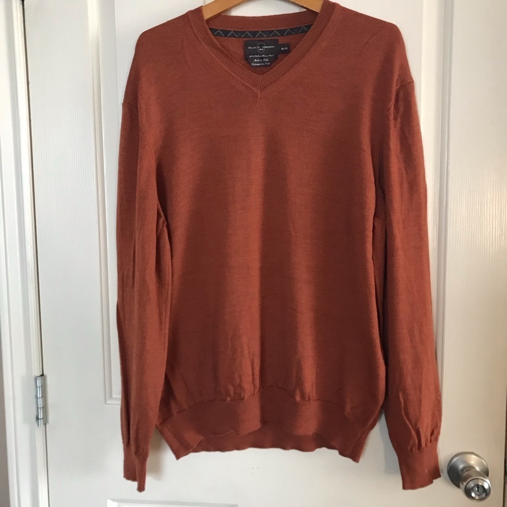 Black Brown 1826 Wool Pullover Knit V-Neck Men Sweater Copper Orange Size XL